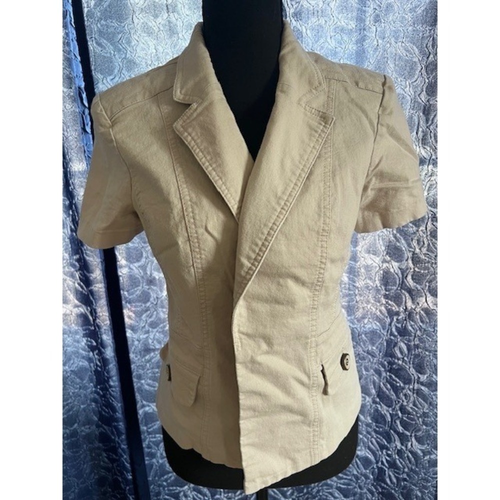 Roz & Ali Blazer Women Size Medium Beige Short Sleeve Collared Tailored Jacket